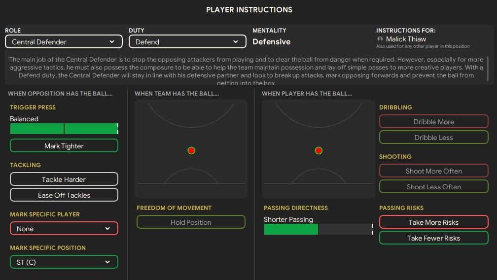 FM24 Central Defender Tactics Instructions for 3-4-1-2 Formation