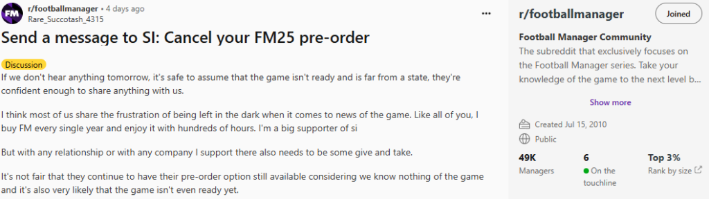 Football Manager Fan Note to SI About FM25