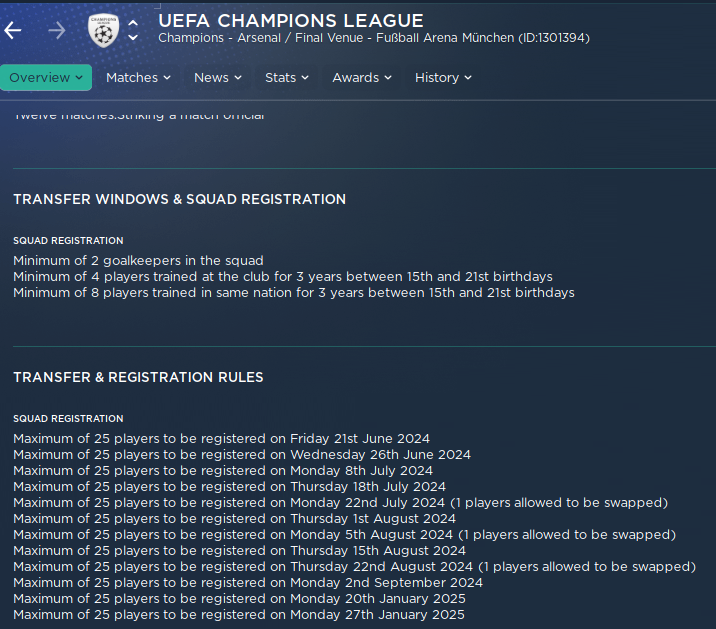 Football Manager -Uefa Champions League Squad Registration Rules